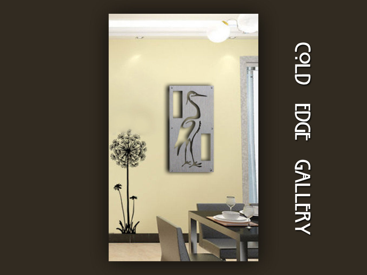 A modern dining room with a beige wall featuring a metal artwork of a bird and a decal of a plant. Text on the right reads "COLD EDGE GALLERY".