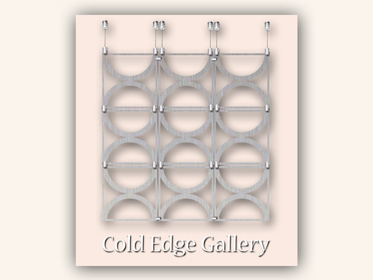 An arrangement of nine metallic rings in a 3x3 grid, each secured with metal clamps on a wall. The text "Cold Edge Gallery" is displayed at the bottom.