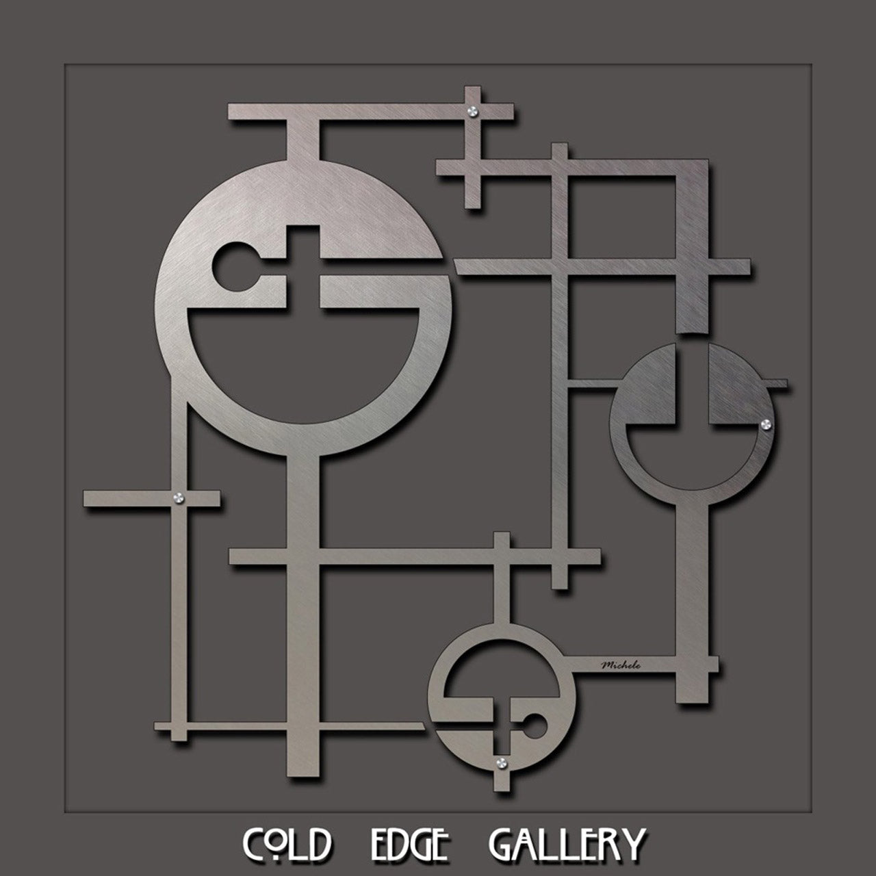 Abstract metal wall art with circles and lines by Cold Edge Gallery.