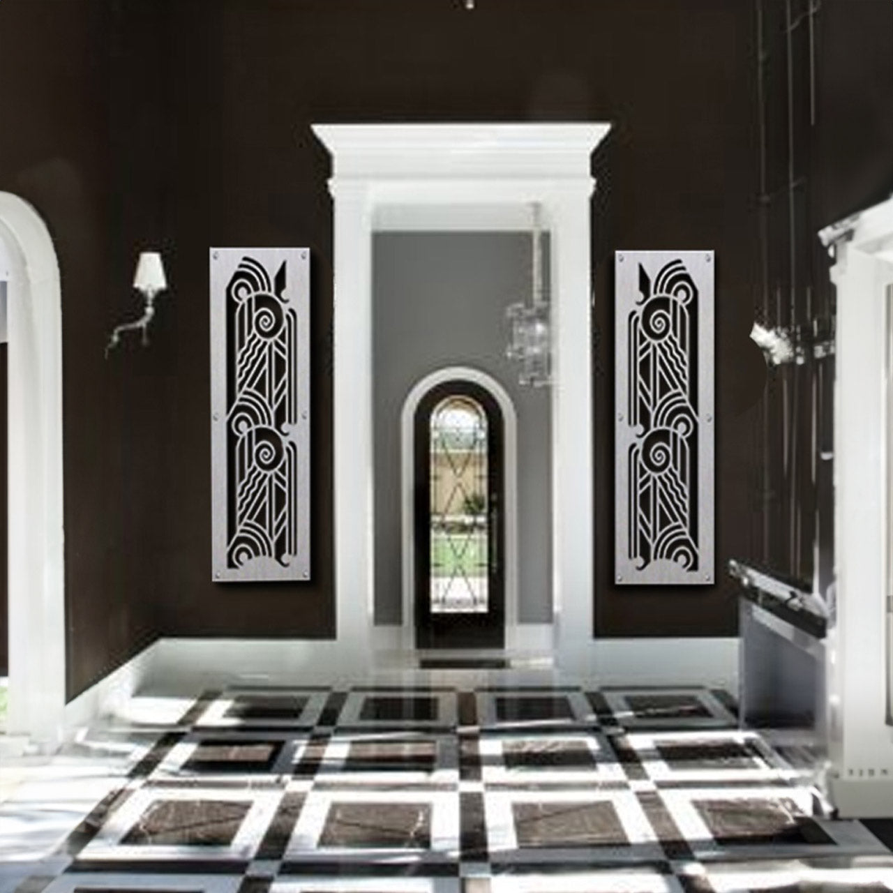 Elegant hallway with checkered floor, ornate metal wall panels, and arch doorway.