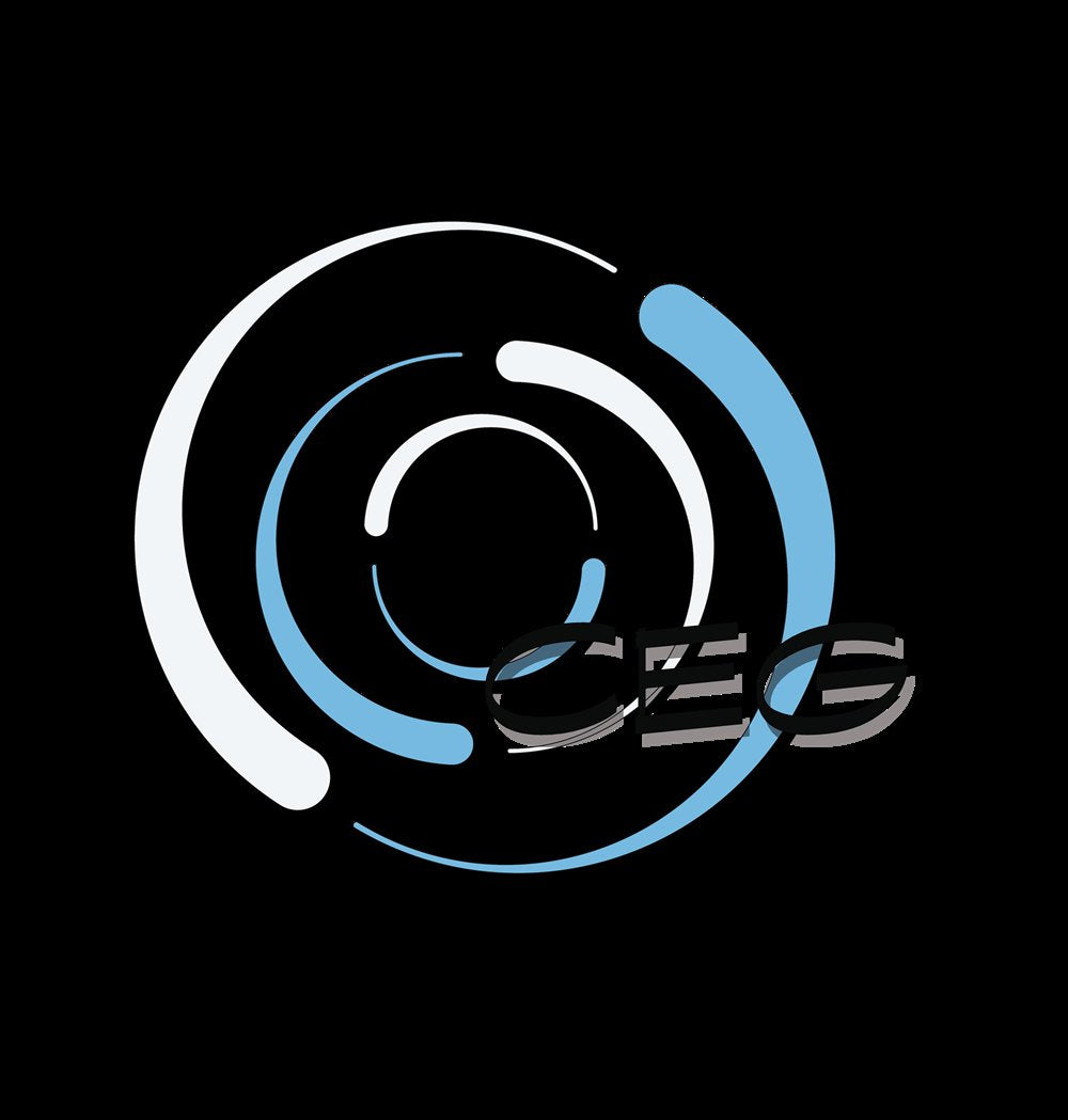 A logo for Cold Edge Gallery (CEG) featuring stylized, abstract circular shapes in black, white, and light blue, with the initials "CEG" overlaid in bold, black font.