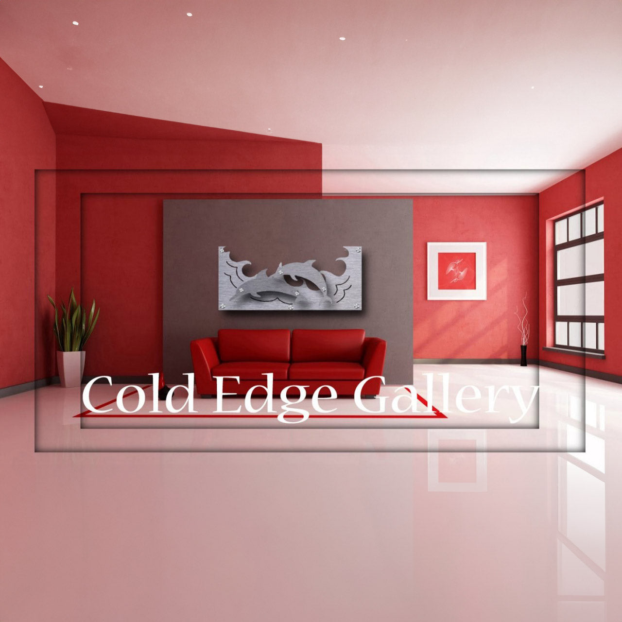 Elegant metal artwork above sofa in room with modern red dividers.