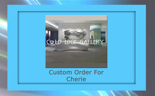 A white, abstract metal sculpture displayed in a gallery setting with the words "COLD EDGE GALLERY" overlaid. The label below reads "Custom Artwork For Cherie.