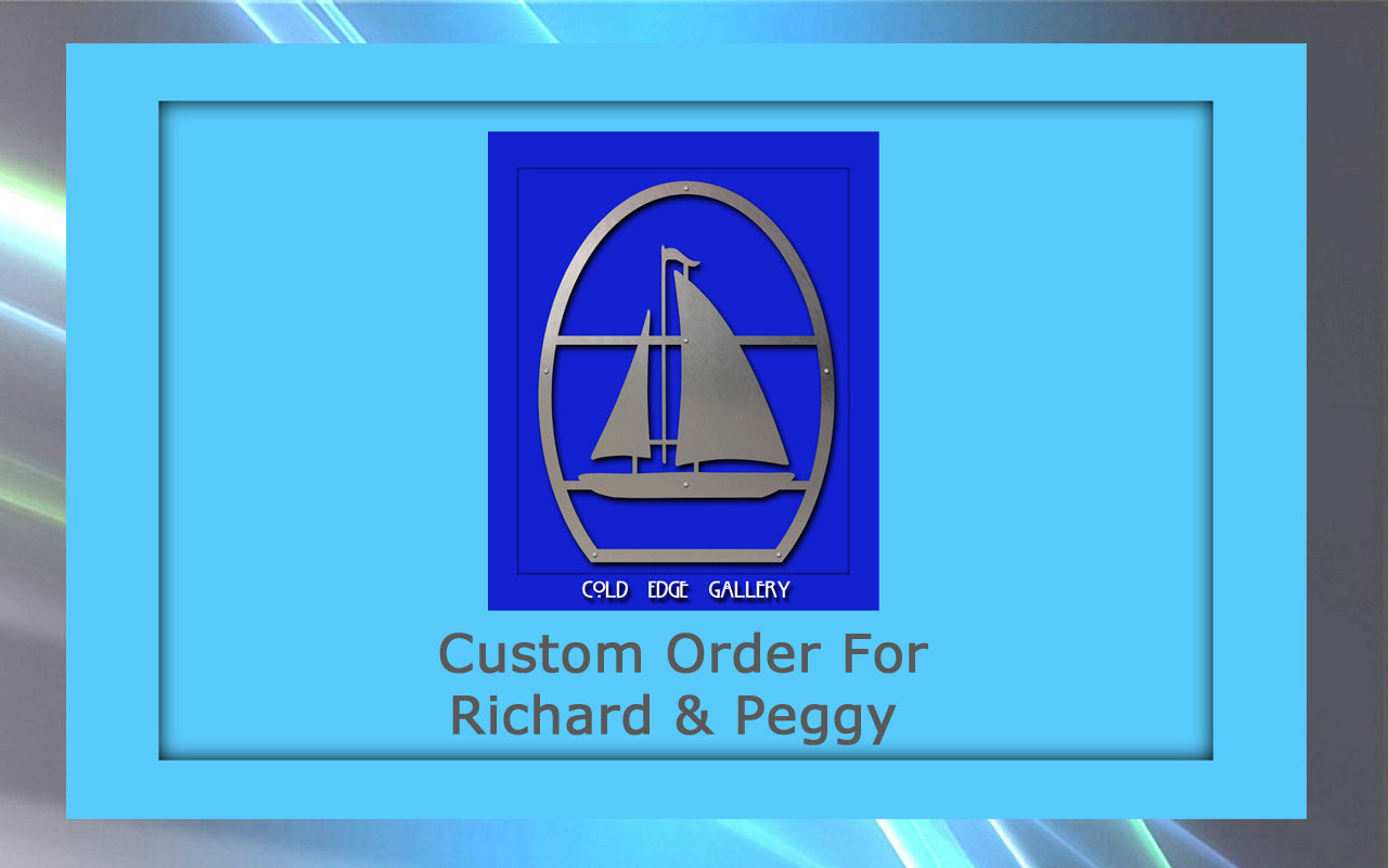 A silver sailboat logo for Cold Edge Gallery is elegantly displayed on a blue background with text: "Custom Metal Artwork Order for Richard & Peggy.