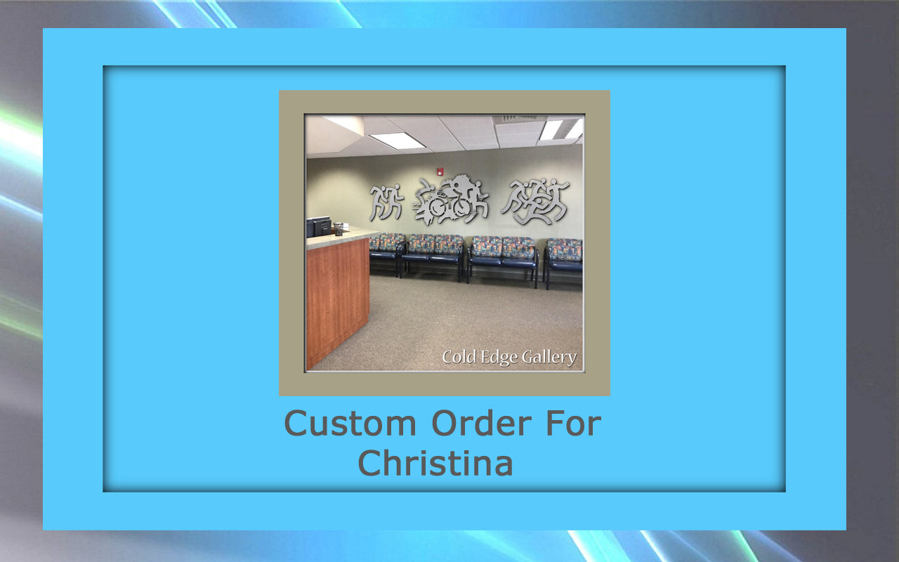 A waiting room with custom-patterned chairs against a light green wall and a wooden reception desk. The text "Custom Order for Christina" is displayed below the image, adding a touch of personalized artwork to the space.