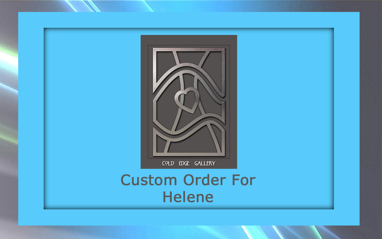 A digital mockup showing a custom metal artwork design for Helene from Gold Edge Gallery. The design features abstract lines and a heart in the center.