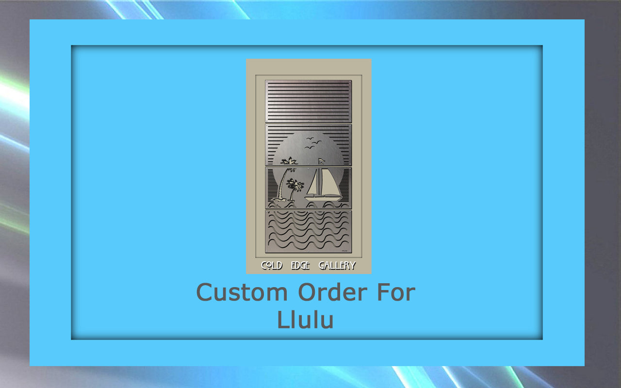 A custom metal plaque from the 'Old Edge Gallery' features an engraved sailboat scene labeled "Custom Order For Llulu," set against a blue background, making it a piece of distinctive artwork.