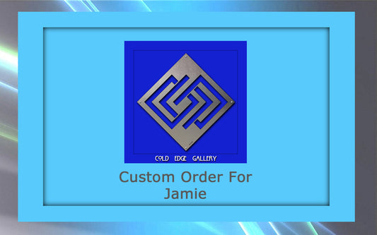 A blue and grey geometric design with text "Cold Edge Gallery" above "Custom Metal Artwork For Jamie" on a blue background.