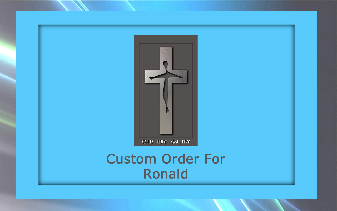 A framed artwork with a cross design is labeled "Custom Order For Ronald" and "Cold Edge Gallery" on a blue background.