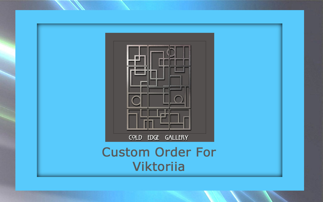 A geometric metal artwork with squares and circles, framed in blue, with text below reading "Custom Order For Viktoria" and "Cold Edge Gallery.