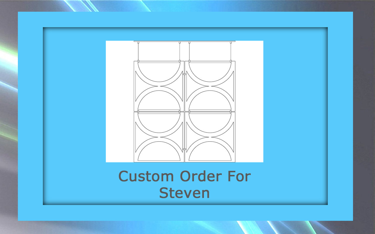 A custom blue-framed artwork labeled "Custom Order For Steven," featuring a technical drawing of a symmetrical structure with curved metal elements.