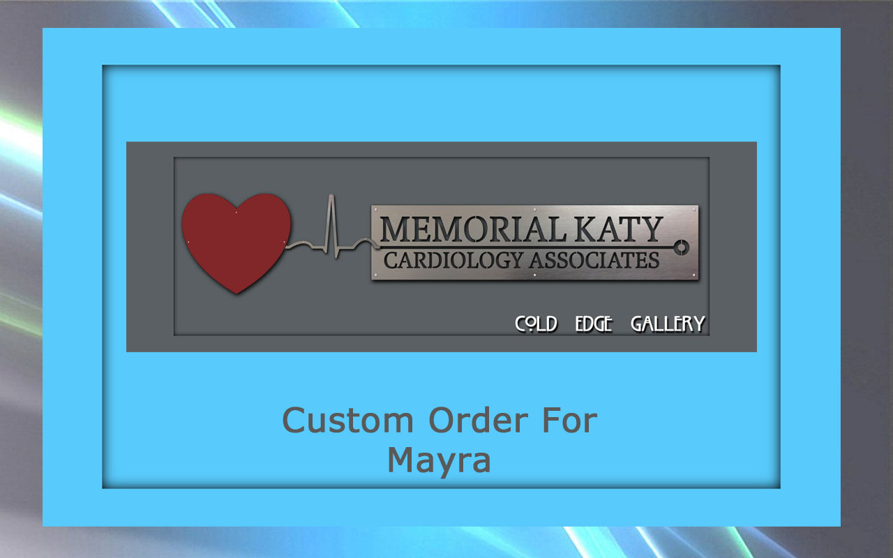 A custom metal artwork order for Mayra from Memorial Katy Cardiology Associates displayed with a red heart and heartbeat line on a gray plaque, framed in blue.