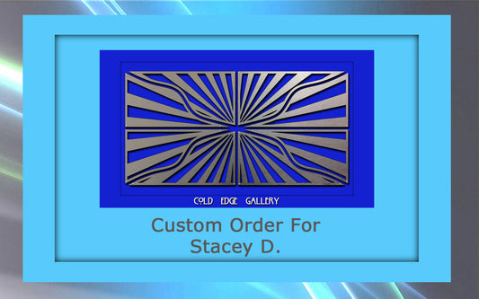 A framed custom art piece from Cold Edge Gallery with a geometric design. The label below reads: "Custom Order For Stacey D.