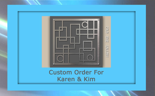 A custom geometric metal wall art piece with square and circle patterns, framed in blue, labeled "Custom Order For Karen & Kim" from Cold Edge Gallery.