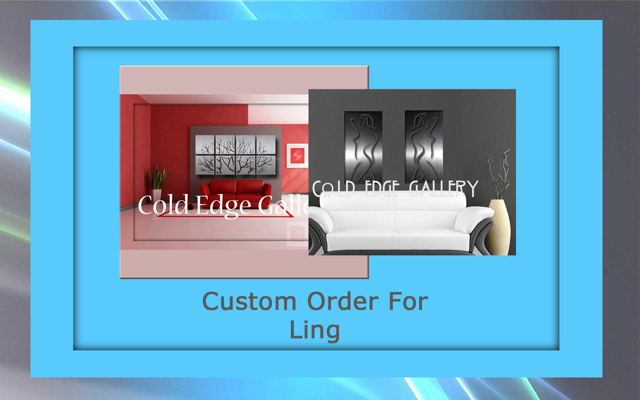 A split image: left side showcases a red room setup with custom artwork and plants, while the right side displays a grey room featuring a white couch and framed metal art. Text reads "Cold Edge Gallery" and "Custom Order For Ling.