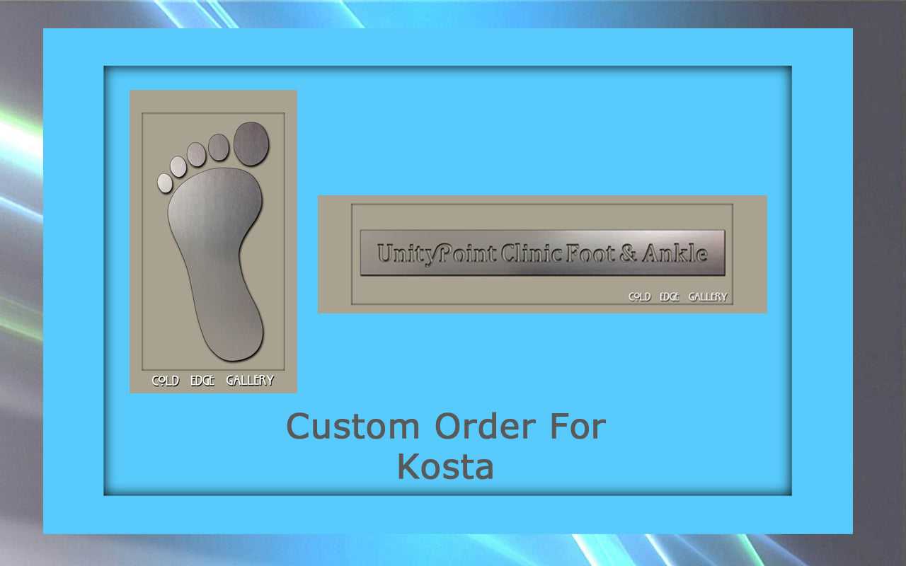 A blue framed sign displaying a metallic foot imprint on the left and the text "UnityPoint Clinic Foot & Ankle" on the right, featuring the caption "Custom Order For Kosta" below. This custom artwork beautifully combines functional design with personalized touches.