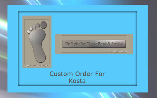 A blue framed sign displaying a metallic foot imprint on the left and the text "UnityPoint Clinic Foot & Ankle" on the right, featuring the caption "Custom Order For Kosta" below. This custom artwork beautifully combines functional design with personalized touches.