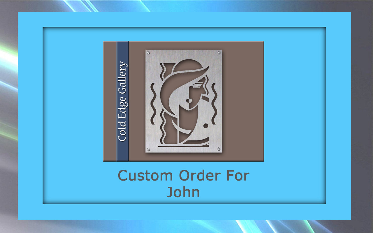 Custom metal artwork featuring abstract shapes in a frame labeled "Cold Edge Gallery," with text beneath stating "Custom Order For John.