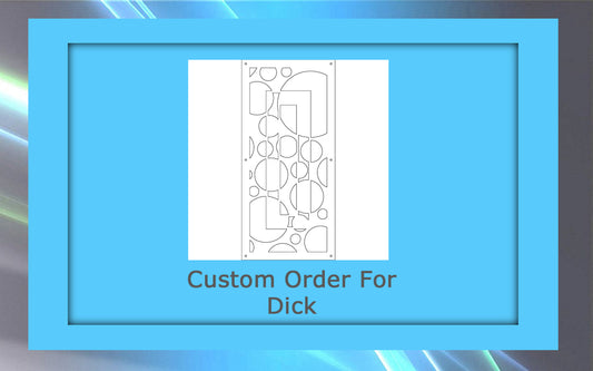 A custom geometric pattern within a blue frame is labeled "Custom Order For Dick," showcasing intricate artwork.