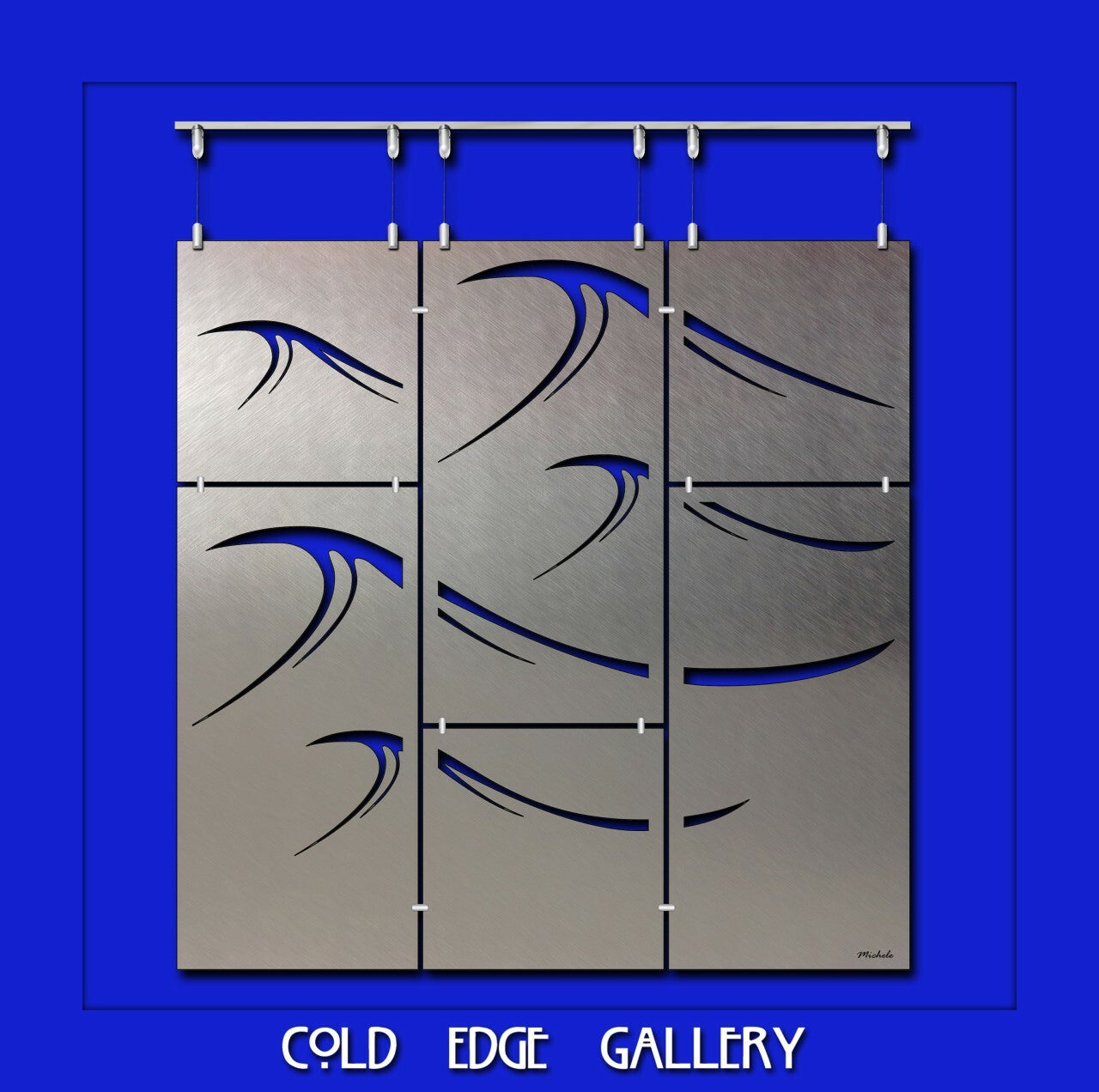 A custom metal panel art display with abstract wave designs, hanging against a blue background. Text at the bottom reads "COLD EDGE GALLERY.