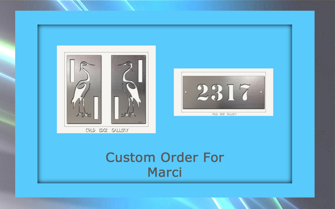 A custom order featuring two panels with crane designs and a house number plaque with "2317," displayed on a blue background with the text "Custom Order For Marci" below the items.