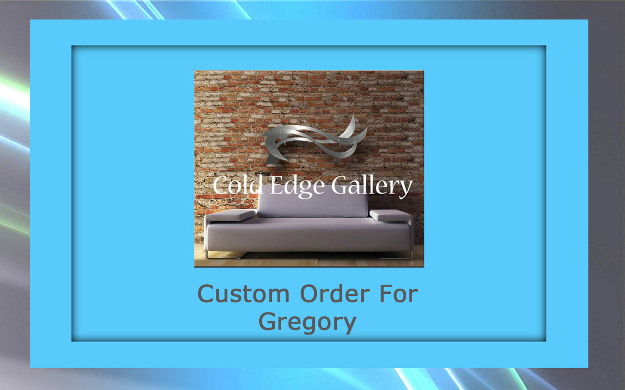 A modern sofa in front of a brick wall under a metallic abstract artwork with the text "Cold Edge Gallery." Below is the text "Custom Order For Gregory" on a blue frame.