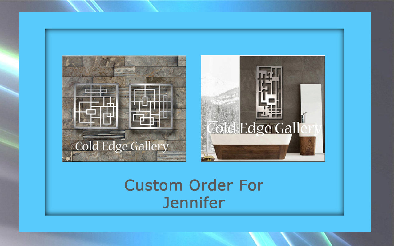 A framed image shows two metal wall decor items labeled "Cold Edge Gallery," with text below reading "Custom Order For Jennifer.