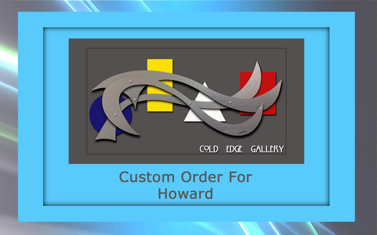 Abstract metal artwork with geometric shapes in a blue frame. Text reads "COLD EDGE GALLERY" and "Custom Order For Howard.