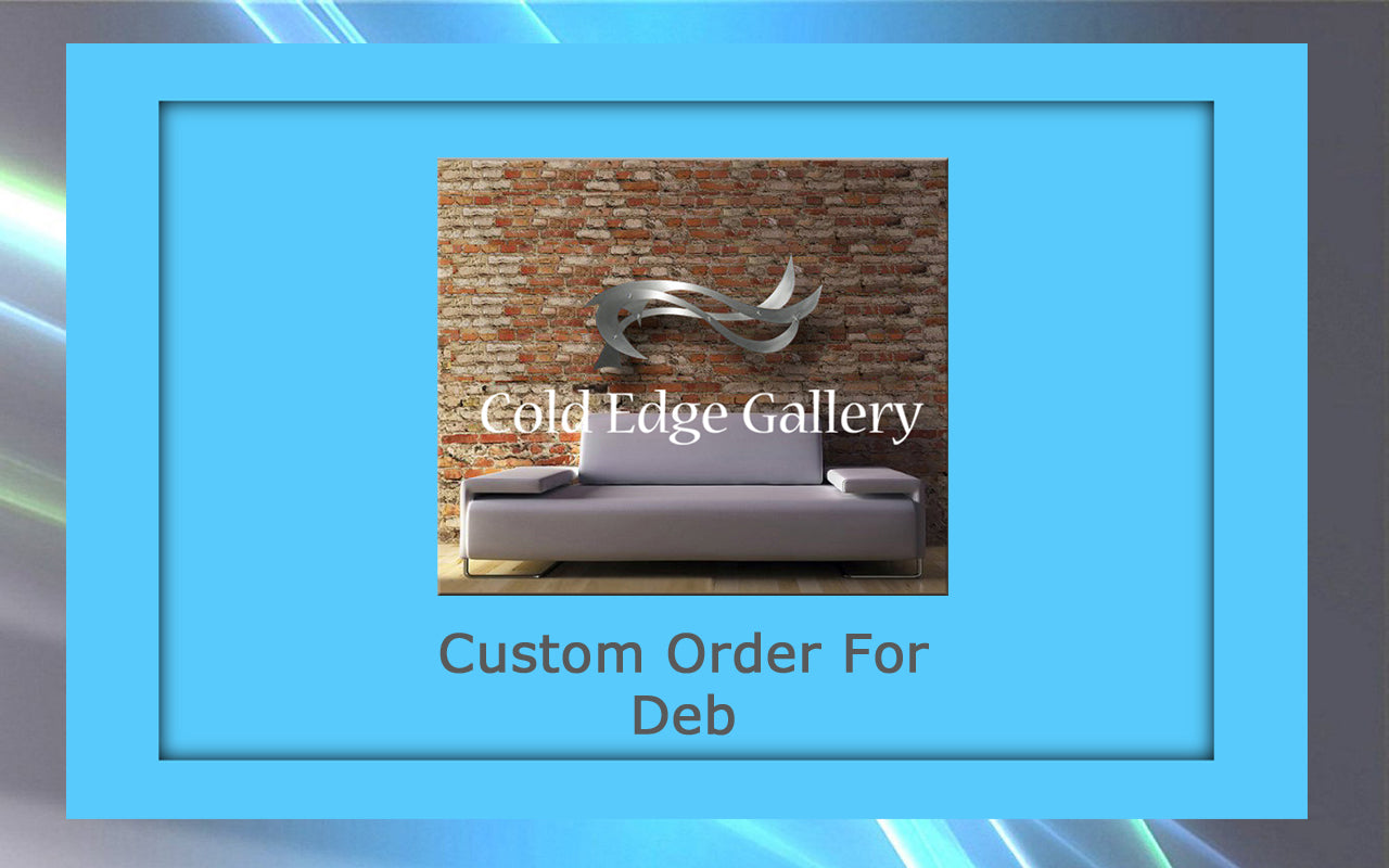 A modern sofa placed against a brick wall beneath metallic artwork, with the text "Cold Edge Gallery" and "Custom Order For Deb" displayed on a blue border.