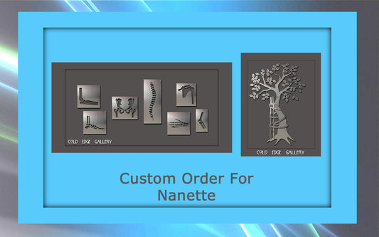 A framed display features six custom metal art pieces with a larger piece depicting a tree. Text below reads "Custom Order For Nanette," along with the "Cold Edge Gallery" logo on each exquisite artwork.