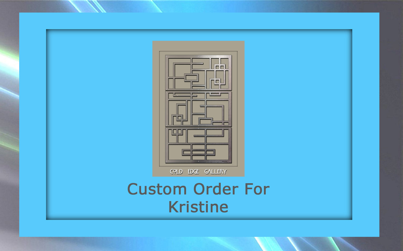 A digital image showing a framed design labeled "Custom Order For Kristine" with geometric patterns and "GOLD EDGE GALLERY" text on a blue background.