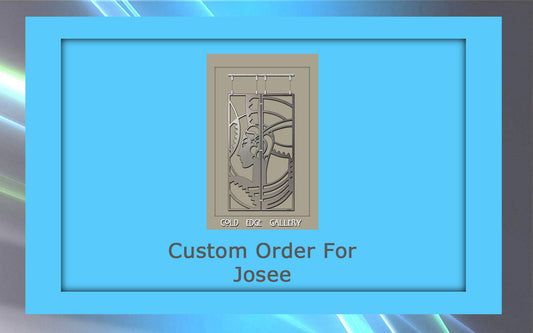 Image of a sign saying "Custom Order For Josee" with a metal artwork featuring gears and patterns in the background, surrounded by a blue frame.