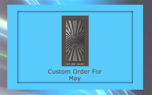 A rectangular metallic art piece with a radial pattern, titled "Custom Order For May," is displayed within a blue frame. The artwork is from the collection "Gold Edge Gallery.