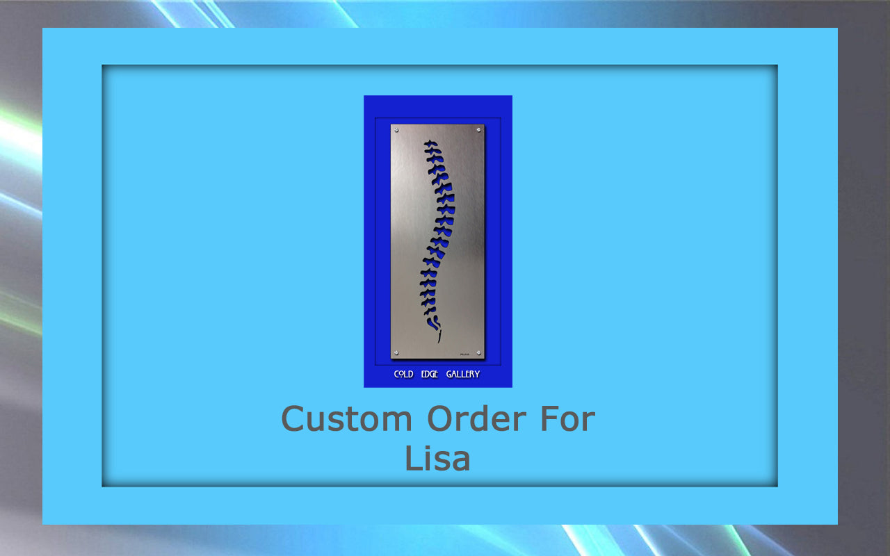 Custom order artwork featuring a stylized vertical design, displayed in a blue and gray frame with metal accents, and the text 'Custom Order For Lisa' at the bottom.