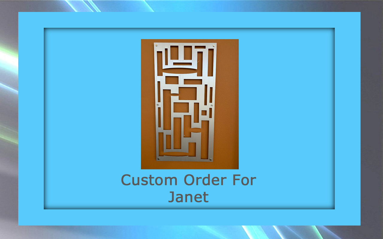 Custom metal artwork piece featuring geometric cutouts displayed on an orange background with the text "Custom Order For Janet" in blue.