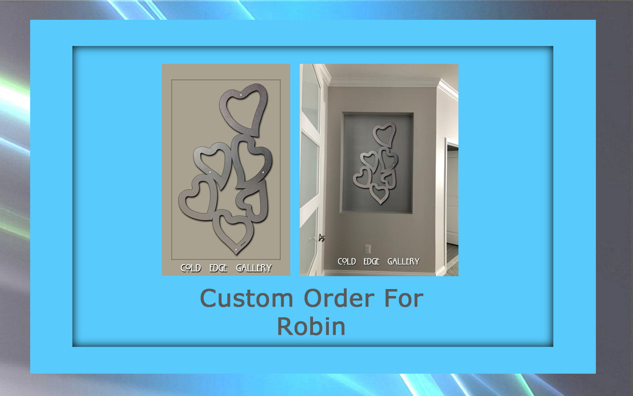 Side-by-side images of a wall art piece consisting of interconnected heart shapes with the text "Custom Order For Robin" beneath them.