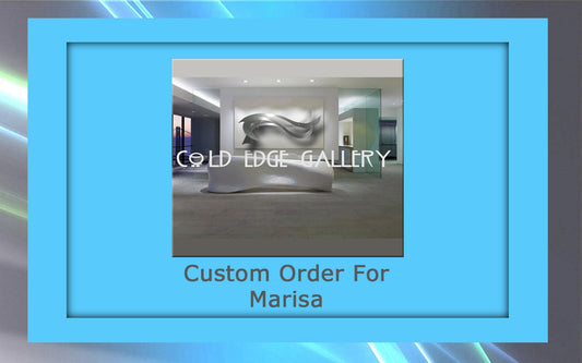 A modern art gallery exhibit labeled "COLD EDGE GALLERY," featuring a large abstract sculpture. The bottom of the frame reads "Custom Order For Marisa.