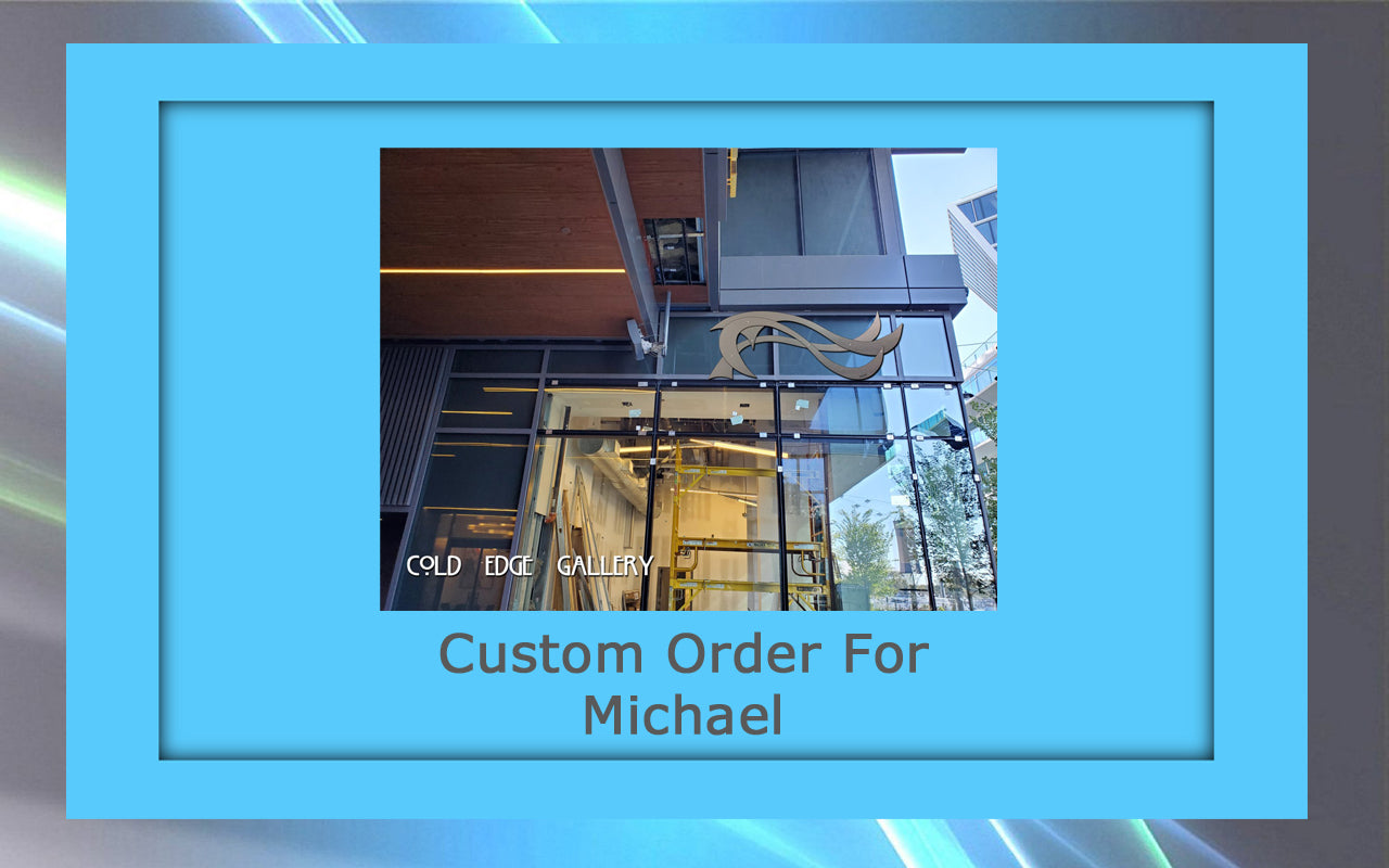 A photograph of the entrance to "Cold Edge Gallery" framed with a blue border. Text on the frame reads, "Custom Artwork For Michael.