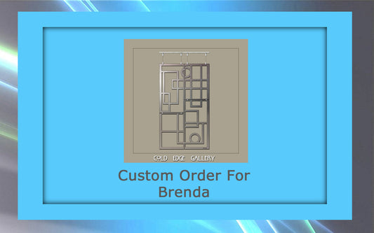 Image of a custom order art piece from Cold Edge Gallery for a customer named Brenda. The artwork comprises various geometric shapes arranged within a rectangular frame.