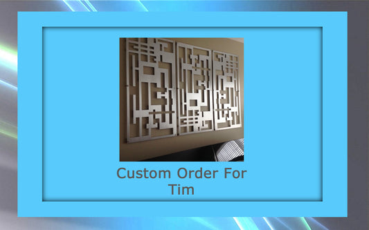 A large abstract geometric metal artwork is showcased in a blue frame, with the text "Custom Order For Tim" beneath it.