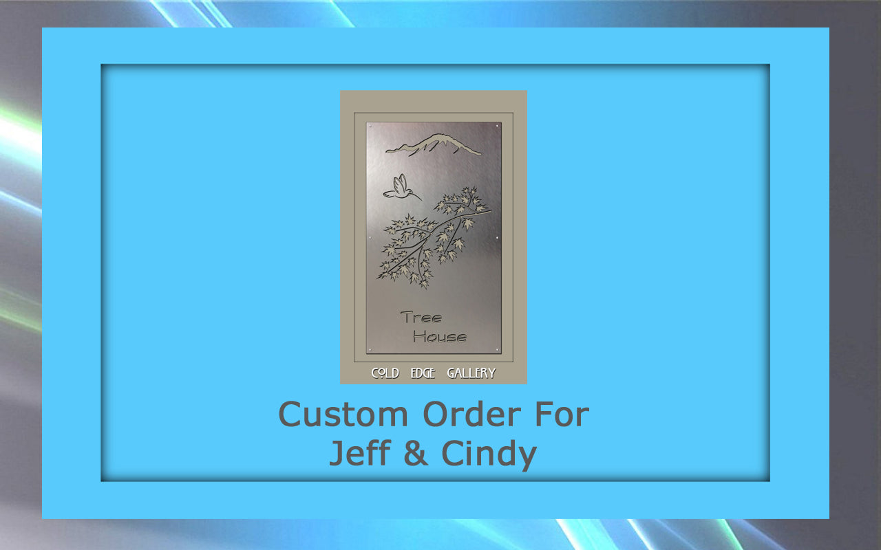 Silver plaque with a tree branch and bird design, labeled "Tree House" and "Old Edge Gallery." Blue background overlay with the text "Custom Order For Jeff & Cindy.