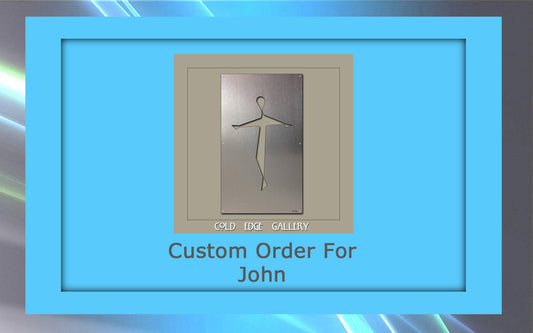 Metal wall art with a minimalist human figure engraving is showcased in a blue frame. Text at the bottom reads "Custom Order For John." The words "COLD EDGE GALLERY" appear above the text.