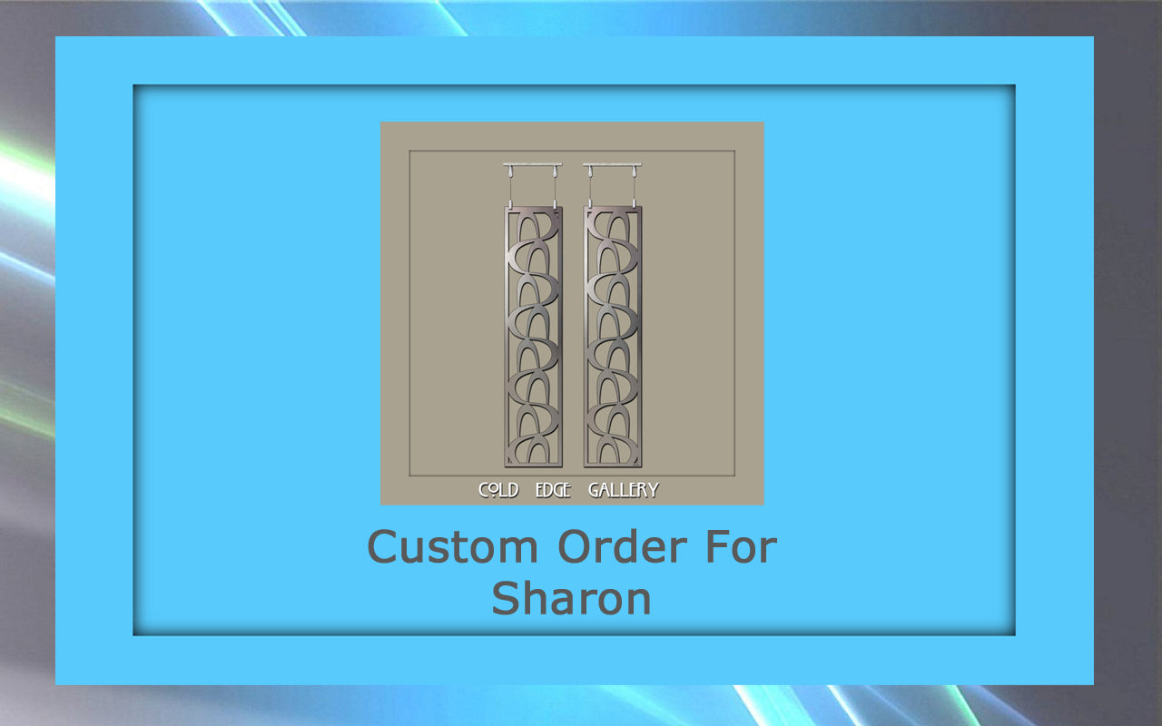 A framed artwork displays the text "Custom Order For Sharon" below two identical decorative metal panels from Cold Edge Gallery. The background has a gradient of blue and gray tones.