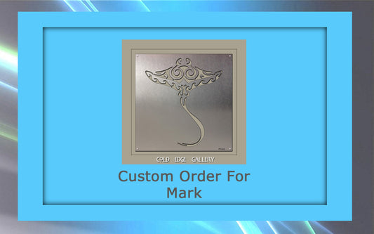 Custom metal artwork with an ornate design, presented by Gold Edge Gallery, accompanied by text "Custom Order For Mark" displayed on a blue background.