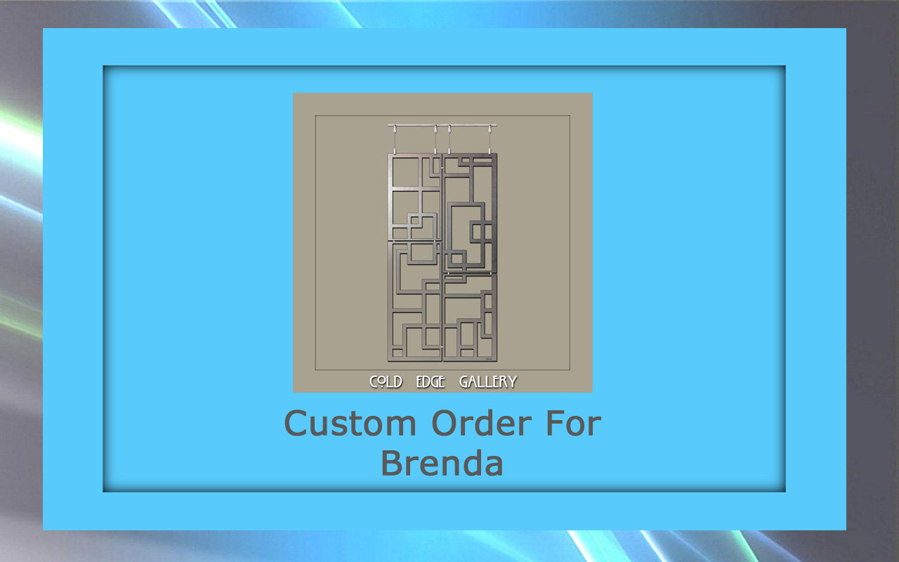 A framed image titled "Custom Order For Brenda" showcasing a custom geometric metal artwork with various rectangular shapes. The background is gradient blue.