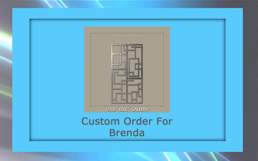 A framed image titled "Custom Order For Brenda" showcasing a custom geometric metal artwork with various rectangular shapes. The background is gradient blue.