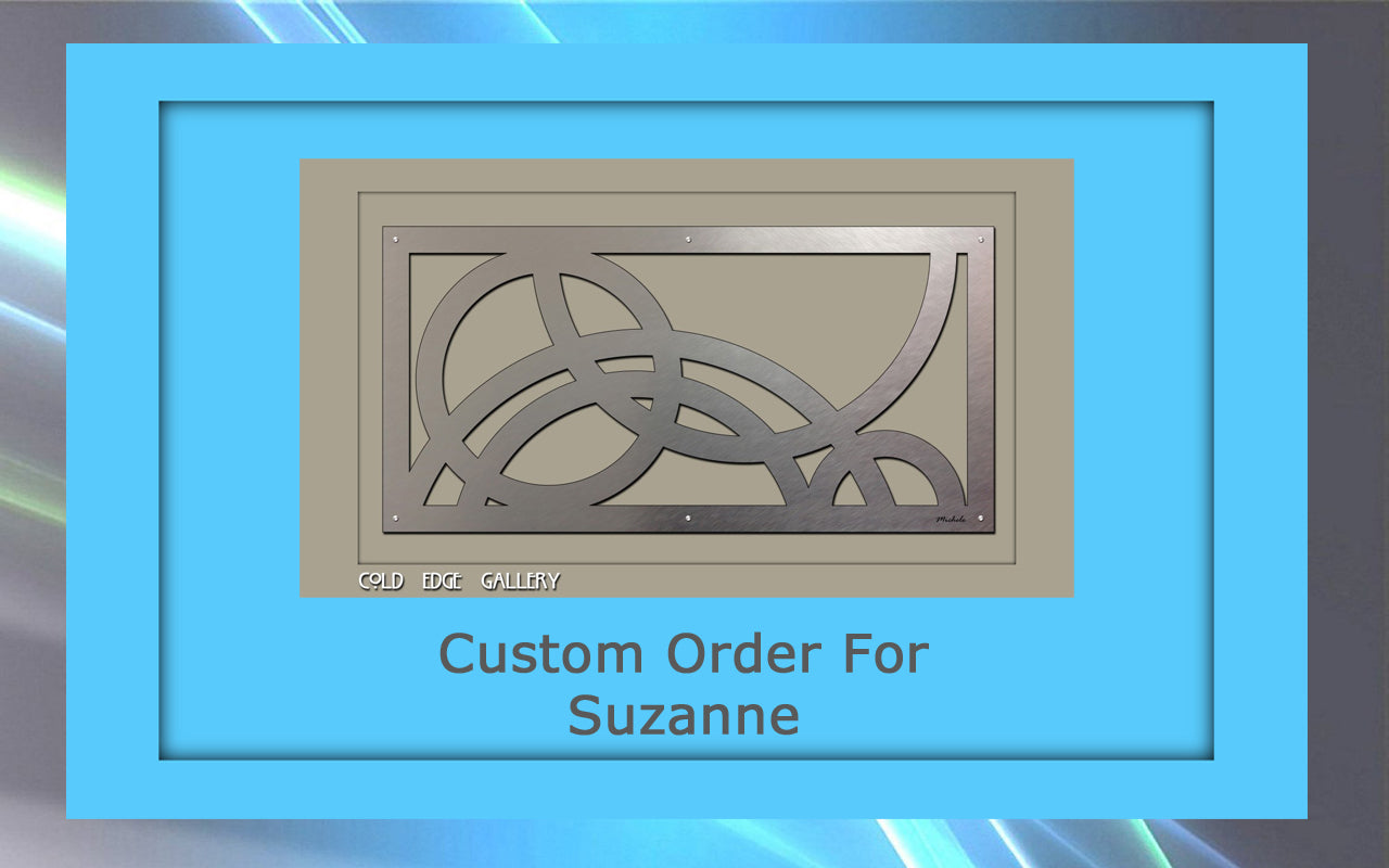 Rectangular metal artwork featuring intersecting curved lines on a gray background, labeled "Custom ...