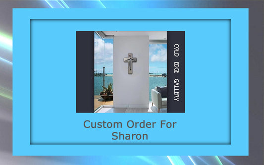 A framed artwork displays the text "Custom Order For Sharon" below two identical decorative metal panels from Cold Edge Gallery. The background has a gradient of blue and gray tones.