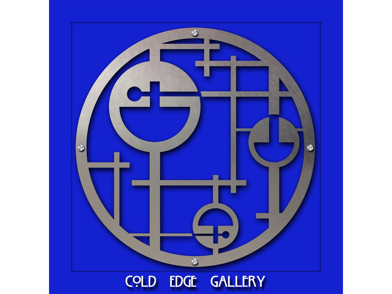 A custom circular design with geometric patterns and lines on a blue background. The words "Cold Edge Gallery" are elegantly displayed at the bottom, showcasing intricate artwork.