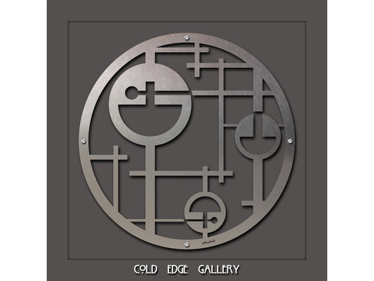 A round metal wall art piece featuring geometric shapes and straight lines is displayed on a gray background. Below the artwork, "COLD EDGE GALLERY" is written in stylized text.